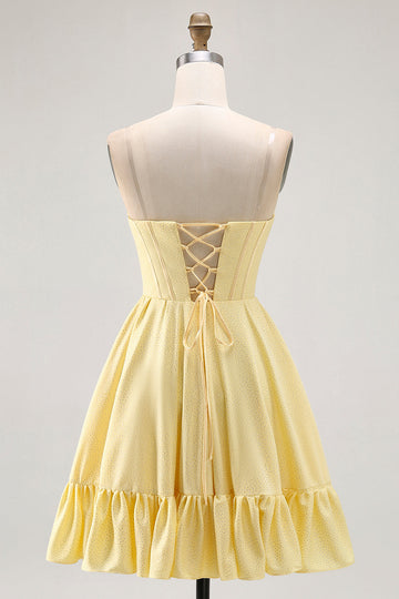 Yellow Strapless A-Line Corset Short Prom Dress with Beading